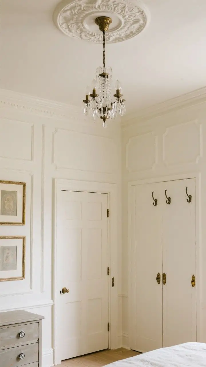 Medium shot highlighting added architectural character: cream walls with picture frame molding panels, a classic ceiling medallion framing a small vintage chandelier, and a door with traditional panels. Include hardware swaps—glass knobs on a dresser and aged brass pulls on a wardrobe, plus patina hooks on the wall. Soft, even daylight enhances shadows in the molding; no people.