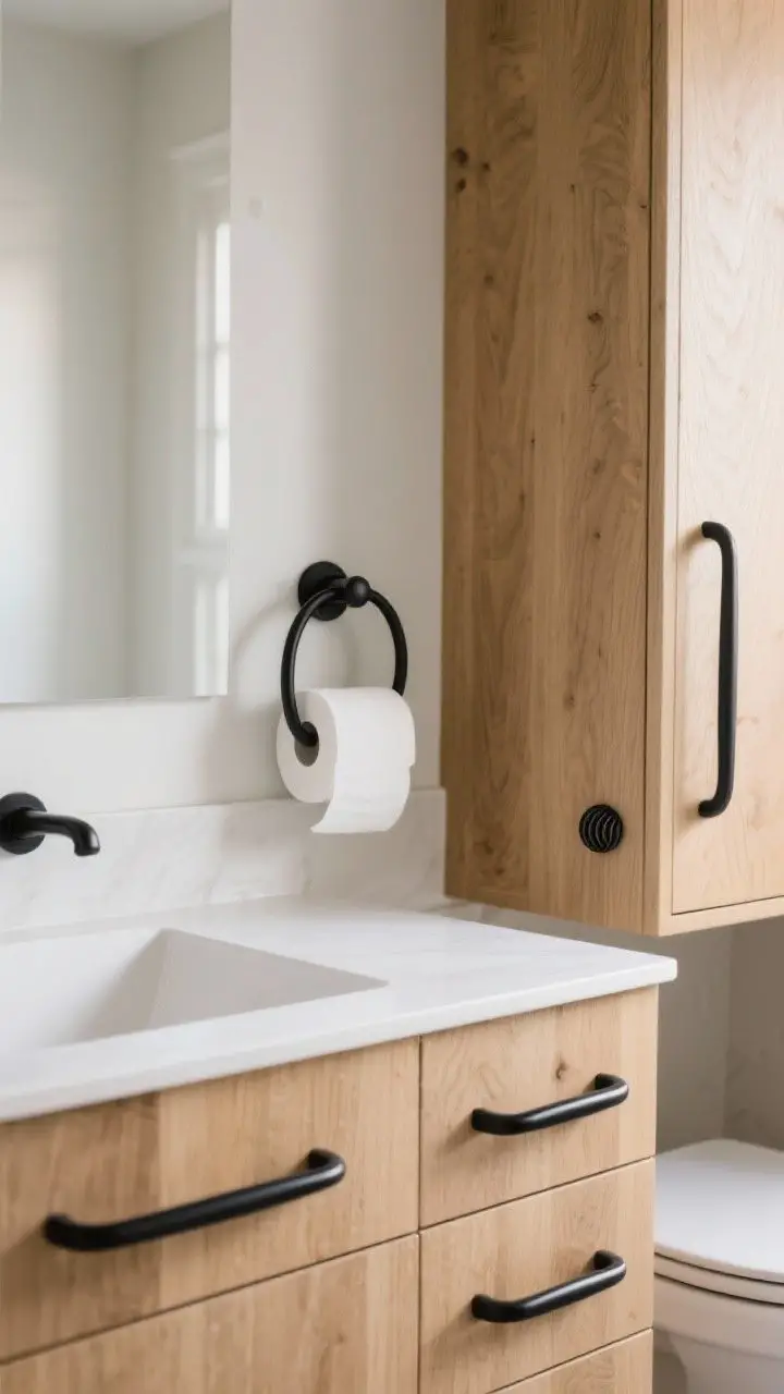 Medium shot highlighting fresh hardware upgrades: matte black cabinet pulls on a light oak vanity, matching towel hook and toilet paper holder on adjacent wall; cohesive finishes repeated; mix of curved handles for modern organic style and a ribbed knob on a side cabinet for subtle industrial chic; bright, even lighting.
