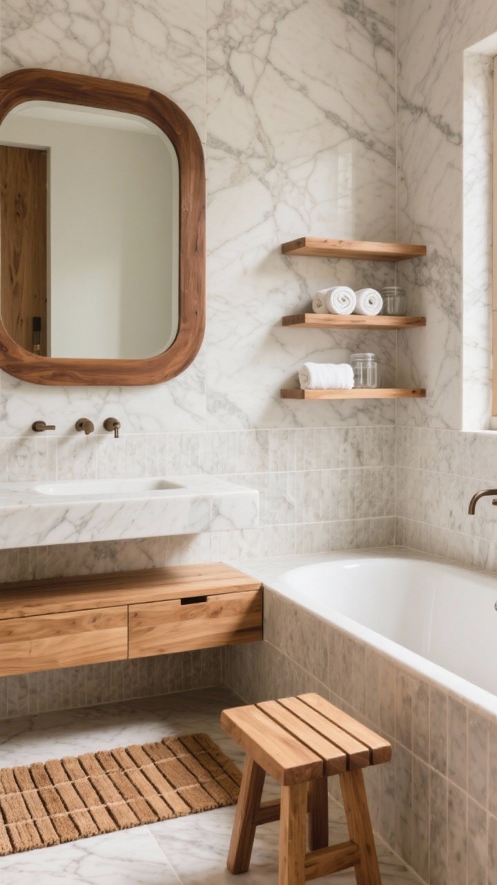 Medium shot highlighting natural wood warmth in a tiled bathroom: a teak slatted bath mat beside a tub, a small slatted teak stool, a wood-framed mirror (walnut or oak) softening a marble wall, and open wood shelves with rolled towels and clear jars; sealed wood finish, balanced with stone surfaces; gentle daylight, cozy yet refined.