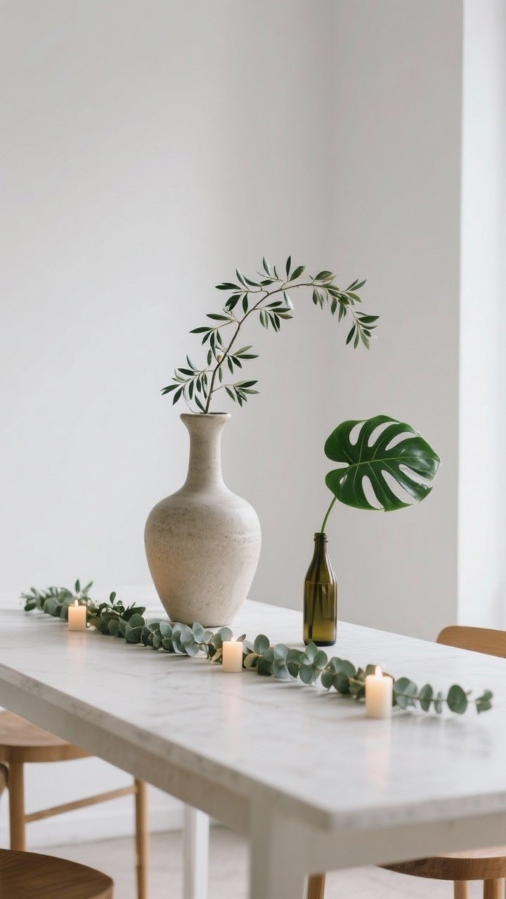 Medium shot highlighting sculptural greenery: tall stoneware vessel with olive branches arching lightly, a eucalyptus garland running down the table center with a few candles sprinkled in, and a single monstera leaf in a slim bottle vase; minimalist, budget-friendly look with crisp natural daylight and clean negative space.
