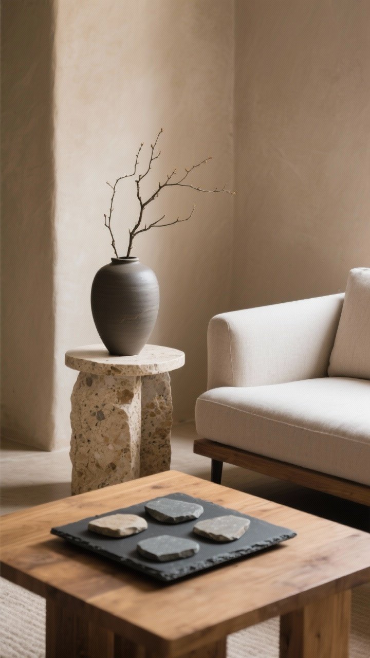 Medium shot highlighting stone and ceramic: a seating area anchored by a compact travertine side table next to a sofa, topped with a matte ceramic vase holding simple branches; on the wood coffee table, a slate tray with stone coasters adds weight; warm, soft lighting for boutique-hotel elegance, photorealistic.