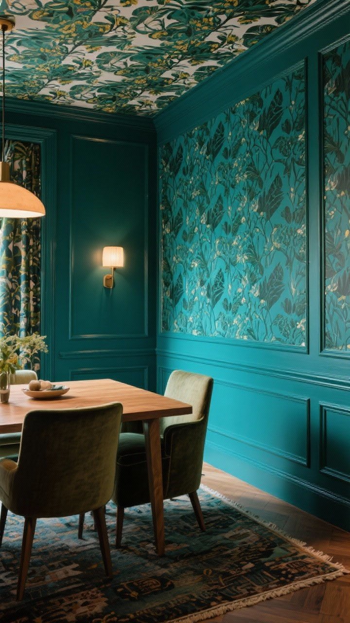 Medium shot highlighting walls: A color-drenched dining room with bold surface treatment—either botanical or geometric wallpaper wrapping the room, or saturated paint on walls and trim in a tone-on-tone scheme (e.g., deep teal walls and matching trim). Optionally include a patterned or painted ceiling for a twist. Keep nearby rugs and upholstery more solid if wallpaper is busy. Ambient warm light, even coverage.