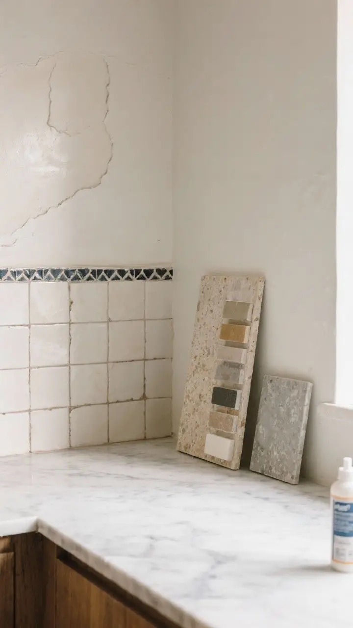 Medium shot: Honed marble countertops paired with a handmade warm-white zellige tile backsplash with slightly imperfect edges and dark grout. Soapstone sample board on the counter, vertical stacked textured tile test board leaning nearby, limewash wall swatch beside concrete-look quartz sample. Soft, diffuse natural light emphasizing tactile finishes; sealant bottle subtly in frame.