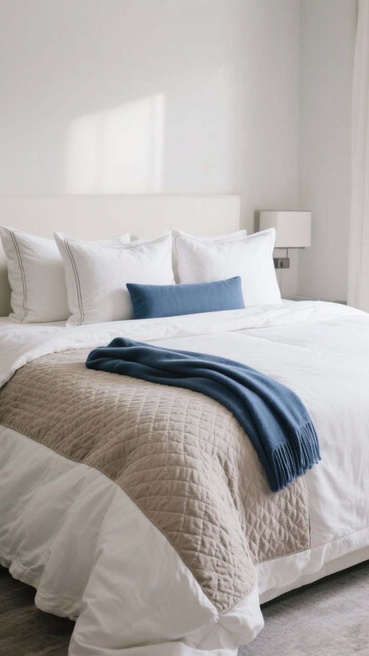 Medium shot: Hotel-styled bed layering in creamy whites and taupes—400–600 thread count cotton percale sheets, oversized lofty duvet draping generously over the sides, textured matelassé coverlet folded at the foot, and a pillow stack of 2 euro shams, 2 standard pillows, and one long lumbar; inky blue throw casually placed; soft, diffused daylight for a calm, monochrome, expensive look.