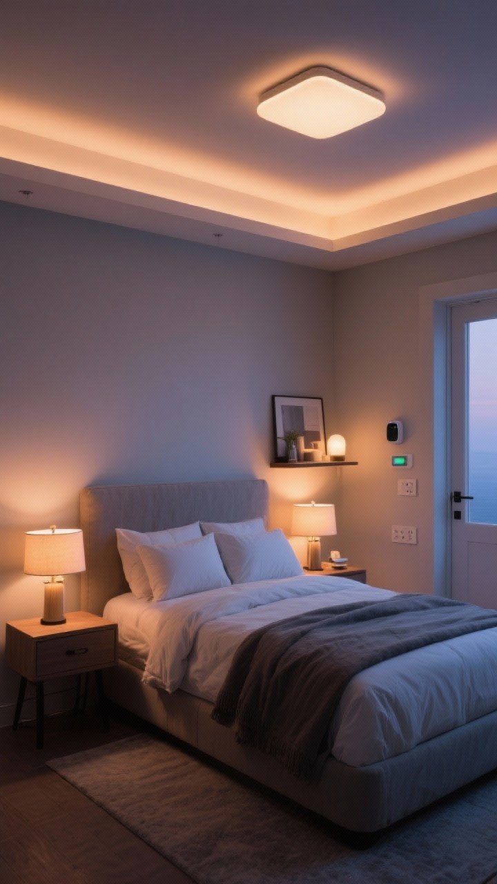 Medium shot: Layered bedroom lighting at dusk—dimmable flush-mount ceiling light on low, warm bedside lamps (2700K–3000K) on each nightstand, and a small accent table lamp illuminating a styled shelf. Include a motion-sensor nightlight near the door and a visible charging pad or outlet at each side of the bed, photorealistic, inviting glow, corner angle.