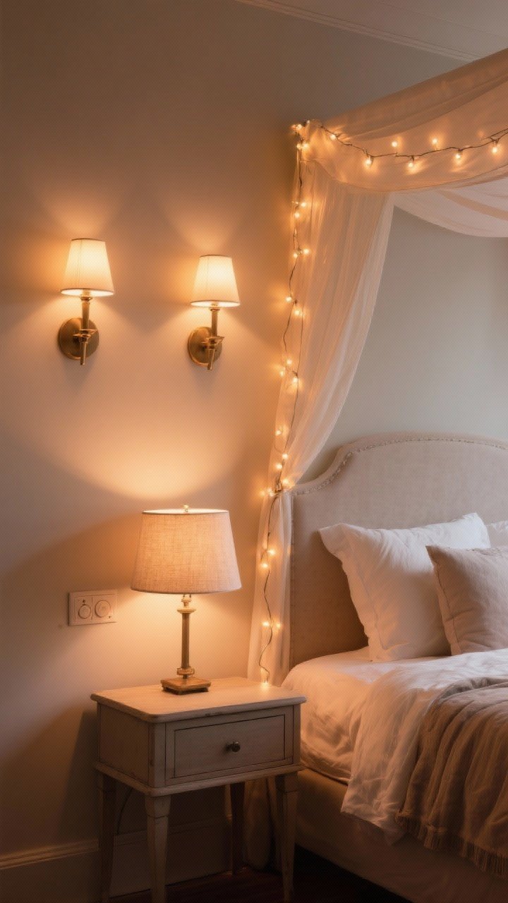 Medium shot: Layered lighting in a romantic bedroom—pair of wall sconces at eye level with dimmers, a petite table lamp with a linen shade on a nightstand, warm bulbs at 2700K casting a soft amber glow, and string lights subtly tucked behind a headboard/canopy to create a gentle sparkle; no visible bare bulbs, glow not glare, photorealistic.