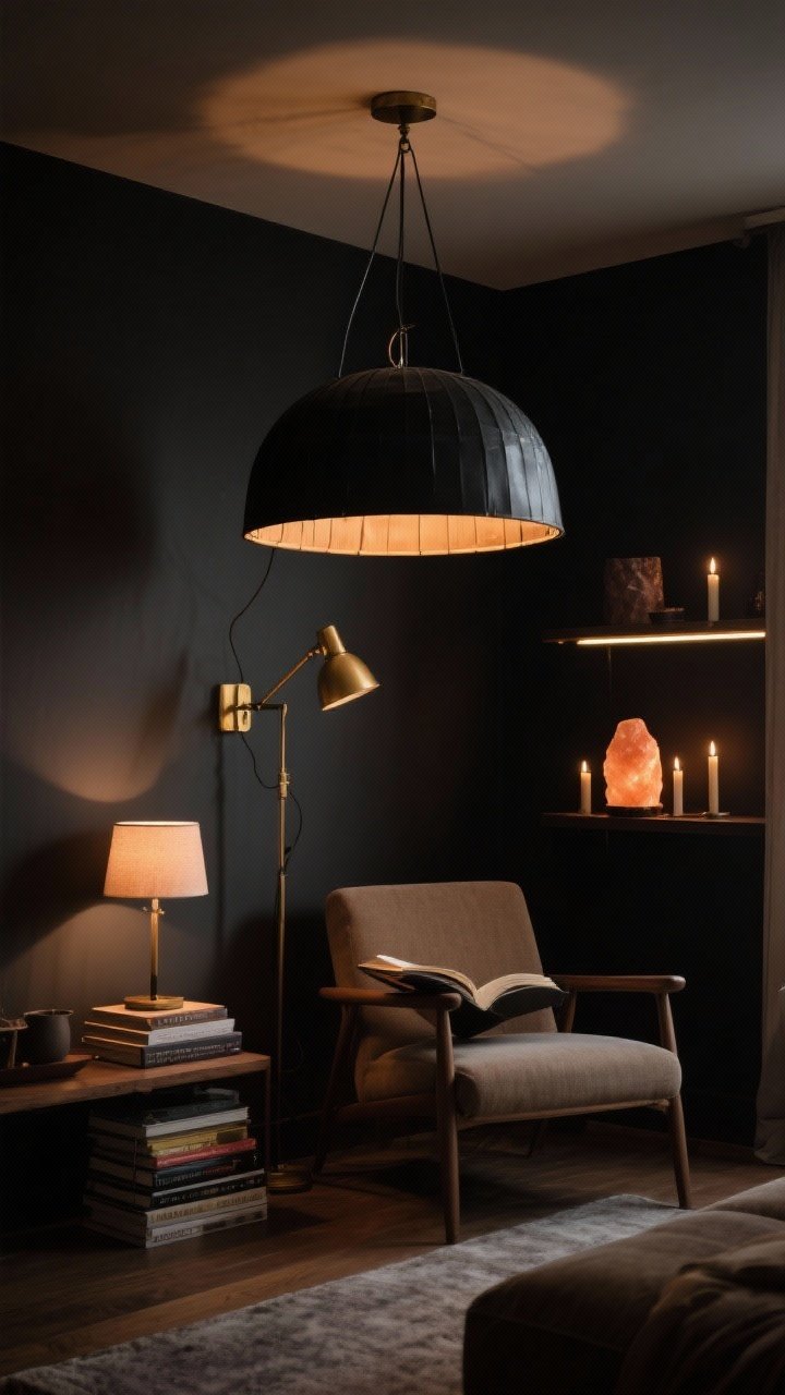 Medium shot: Layered lighting scene in a dark living room—ambient drum pendant with black metal dome, brass swing-arm wall lamp near a reading chair, and accent lighting from candles, a salt lamp, and a subtle LED strip behind shelves. Use warm bulbs at 2700K–3000K with visible dimmer glow. Include a lamp placed low on a stack of books for dramatic shadow play. Angle: straight-on to showcase lighting hierarchy, no harsh overheads.