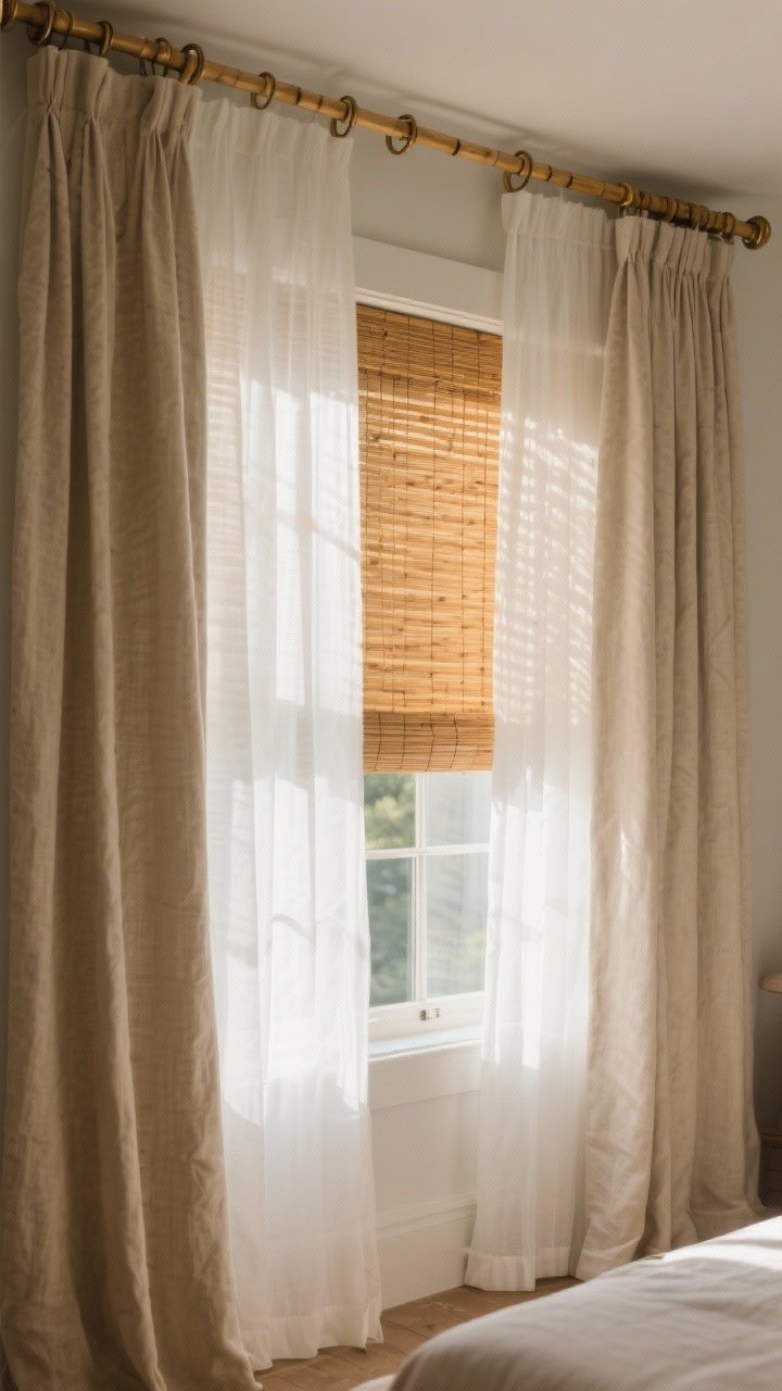 Medium shot: Layered window treatments combining light-filtering white sheers and heavier oatmeal-toned linen drapes over woven wood shades in a warm honey bamboo; tonal neutral palette for a serene look; late-afternoon soft light glowing through the sheers; subtle brass rod and rings for quiet polish.