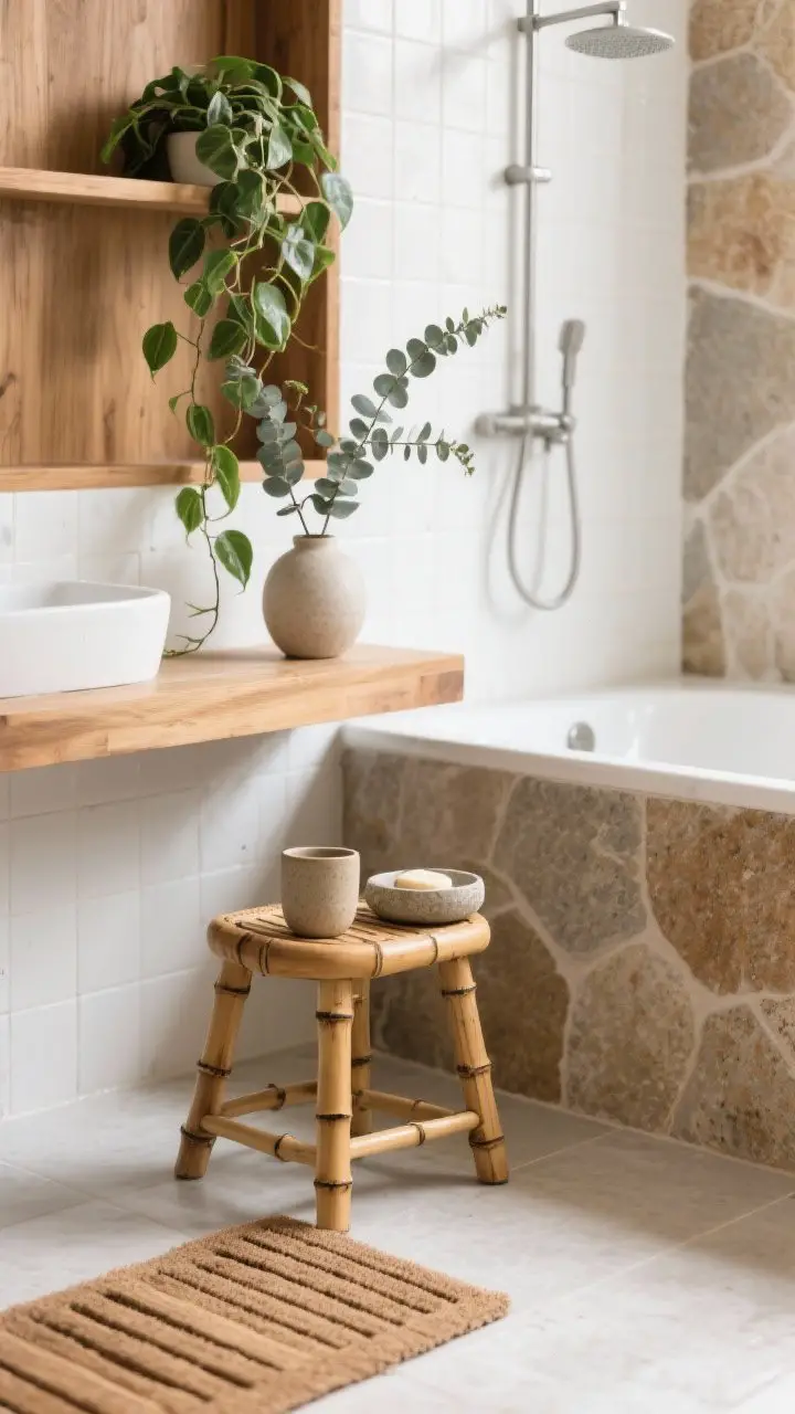 Medium shot layering natural elements for spa vibes: teak slatted bath mat, small bamboo stool holding a ceramic tumbler and stoneware soap dish; a pothos trailing from a shelf and eucalyptus stems in a vase near the shower; warm wood and stone textures contrasted with white tile; soft, spa-like daylight.