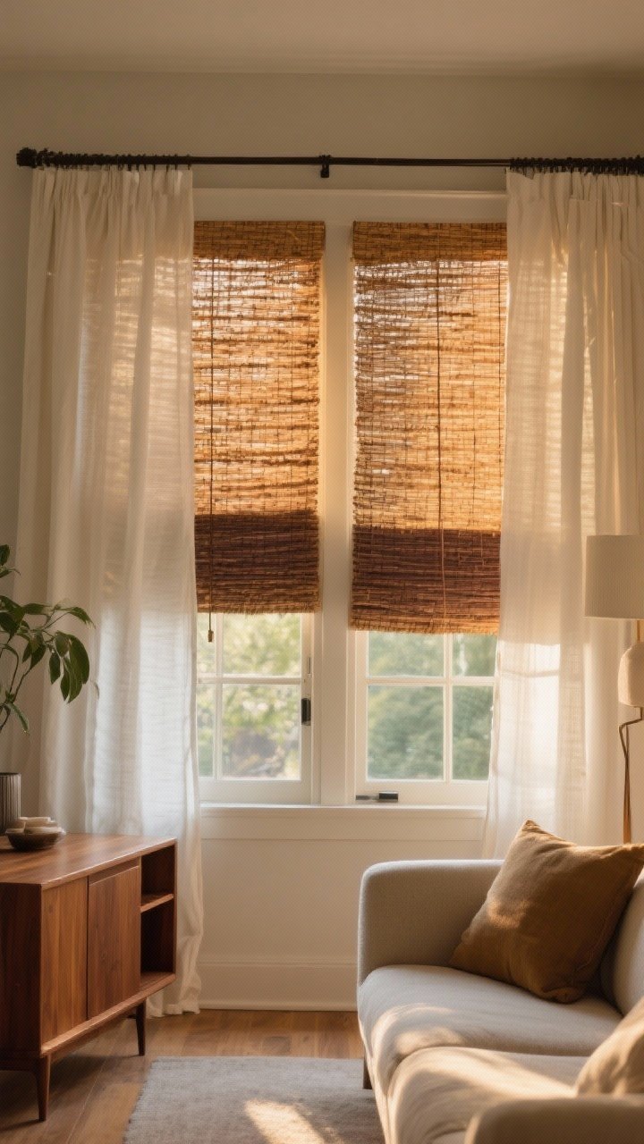 Medium shot: Living room window dressed with unlined woven grass shades in caramel and espresso tones, casting a warm organic glow; paired with ivory linen side panels for softness; shades’ tone echoing mid-century walnut furniture for cohesion; golden-hour light enhancing natural texture.