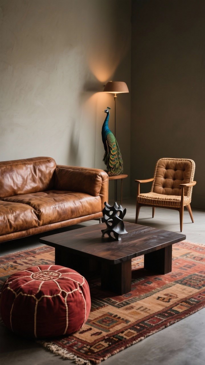 Medium shot: Lounge-y seating vignette with a slouchy tobacco leather sofa showing patina, paired with a mid-century low-arm, tufted accent chair with tapered legs. Add a rattan peacock chair for earthy contrast and a kilim floor cushion/poof in oxblood and clay tones. Center a dark wood coffee table and a sculptural iron object atop it. Lighting is warm and moody. Angle: three-quarter corner view for depth.