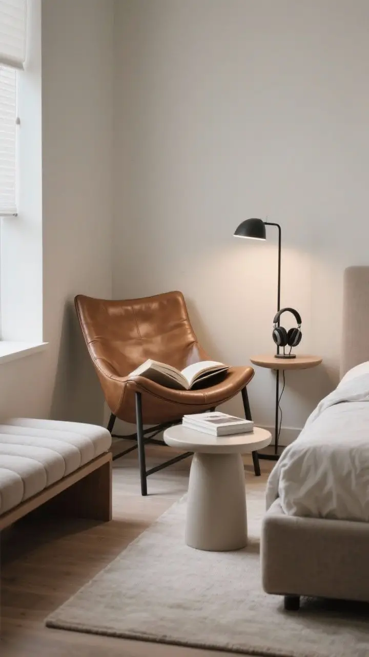 Medium shot lounge zone: A compact reading nook with a leather sling chair or clean-lined upholstered chair, a small round side table holding a book and headphones, and a focused reading floor lamp. Alternative view shows a tailored bench at the foot of the bed for small spaces. Calm, functional, cozy lighting aimed for reading.