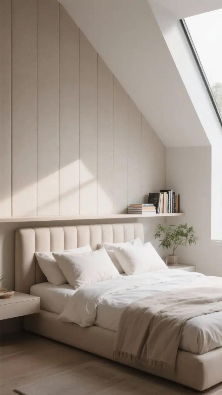 Medium shot, low slope focus: Bed centered on the tallest wall transitioning into a lower slope, with an upholstered wall panel as a custom headboard solution; a built-in ledge running wall-to-wall behind the bed serving as a shelf for books and a small plant; half-height headboard effect fitted to the angle; oversized pillows adding height and a cocoon-like feel; soft neutral linens and gentle morning light, photorealistic.