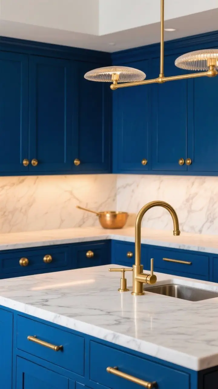 Medium shot: Luxe blue-and-brass moment—deep blue cabinetry with brushed/unlacquered brass knobs and long pulls, brass bridge faucet with matching pot filler, and brass linear chandelier over an island. White marble-look countertop, subtle veining. Warm ambient lighting (2700–3000K) to enhance brass warmth. Straight-on view emphasizing 3–5 brass touchpoints.