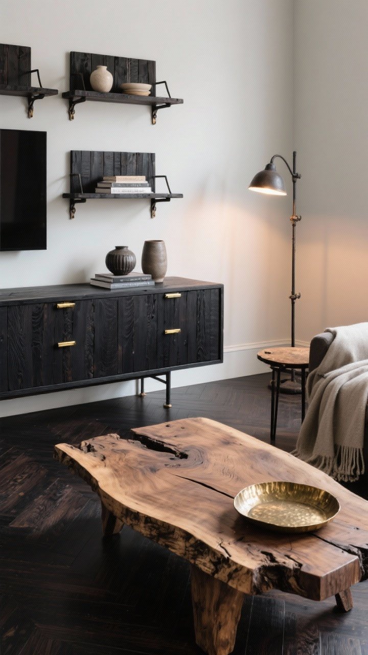 Medium shot: Material mix vignette—live-edge reclaimed wood coffee table over ebonized oak flooring, flanked by a side table with a hammered brass tray and an iron floor lamp. Media unit fitted with blackened brass pulls. Open shelving with dark wood planks on iron brackets holds a few ceramics and books. Balanced with a soft throw and warm lamp glow to avoid heaviness. Angle: three-quarter view.