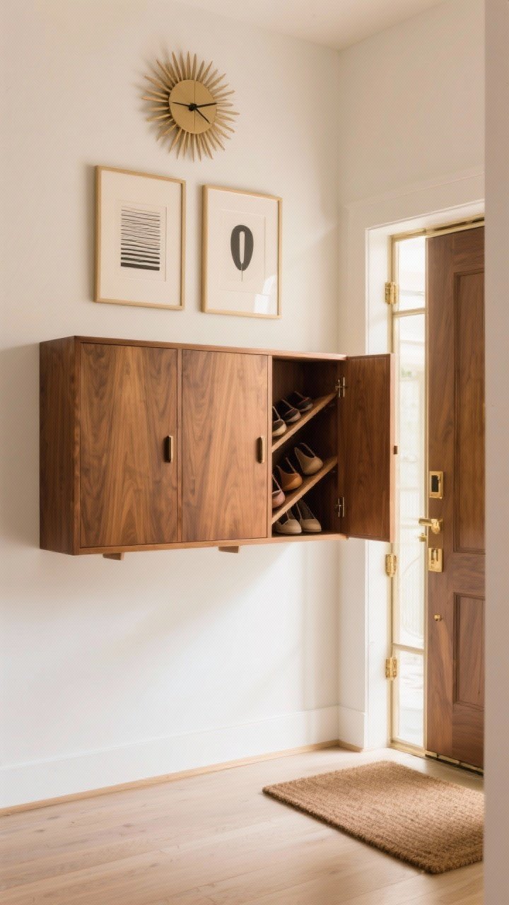 Medium shot, mid-century entry wall: trio of floating walnut cabinets with push-to-open doors, one door open to reveal tilted internal shoe shelves maximizing space; sunburst clock above and two minimalist prints; warm white wall, brass accents; floor kept open for airy entrance; low-profile doormat subtly at bottom edge; warm, even lighting; slight upward angle to emphasize floating effect.