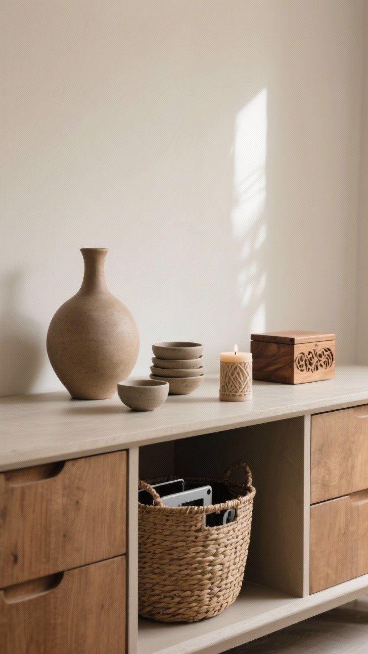 Medium shot: Minimal, meaningful decor on a dresser—one sculptural ceramic vase, a small stack of stoneware bowls, a handmade candle, and a carved wood box. Woven basket below for hidden tech clutter. All items within an earthy palette for calm cohesion. Clean surfaces with one decorative moment per surface. Soft afternoon light, photorealistic, straight-on.