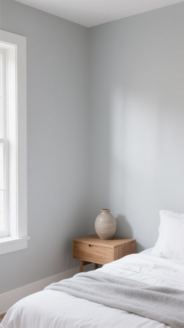 Medium shot: Minimalist bedroom painted misty light gray (Classic Gray/Big Chill) with abundant daylight amplifying brightness. Walls and trim the same hue to simplify lines; a natural wood nightstand and a single ceramic vase add warmth. Crisp white bedding and a pale gray throw keep it uncluttered. Photorealistic, clean composition from a low corner perspective.