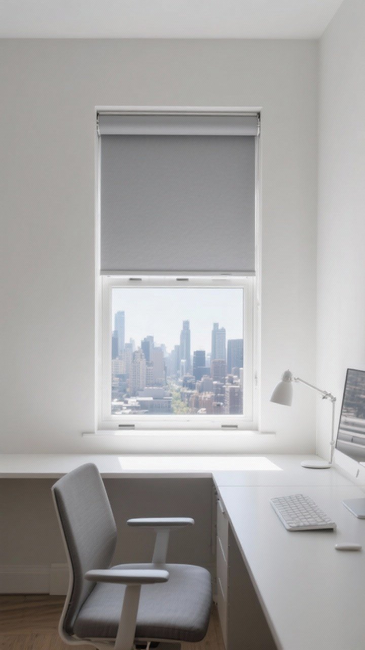 Medium shot: Minimalist home office with inside-mounted light-filtering solar roller shades in soft gray, preserving the city view while cutting glare; slim cassette housing nearly invisible when raised; clean lines around the window; bright, controlled daylight across a streamlined desk setup.