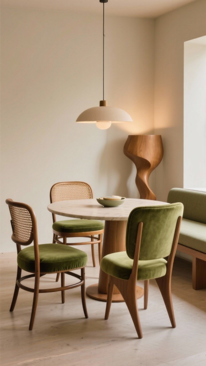 Medium shot: Mixed-and-matched dining chairs around a single table—include caned bentwood chairs, velvet upholstered seats, and one sculptural end chair. Keep cohesion via a consistent color palette (e.g., all in warm neutrals and forest green) and similar seat height. Use the “2-2-2” rhythm (two of each style) and add a low-profile bench on one side. Soft, warm ambient light; no overhead glare. Emphasize variety without chaos.