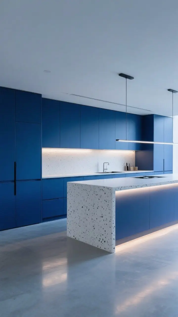 Medium shot: Modern minimalist kitchen with matte blue slab cabinets, integrated pulls/long linear handles, a white waterfall island (terrazzo option visible on side), and continuous under-cabinet LED lighting for an even glow. Clean lines, no visible clutter, reflective concrete or pale floor. Evening lighting to make the blue read richer, straight-on.