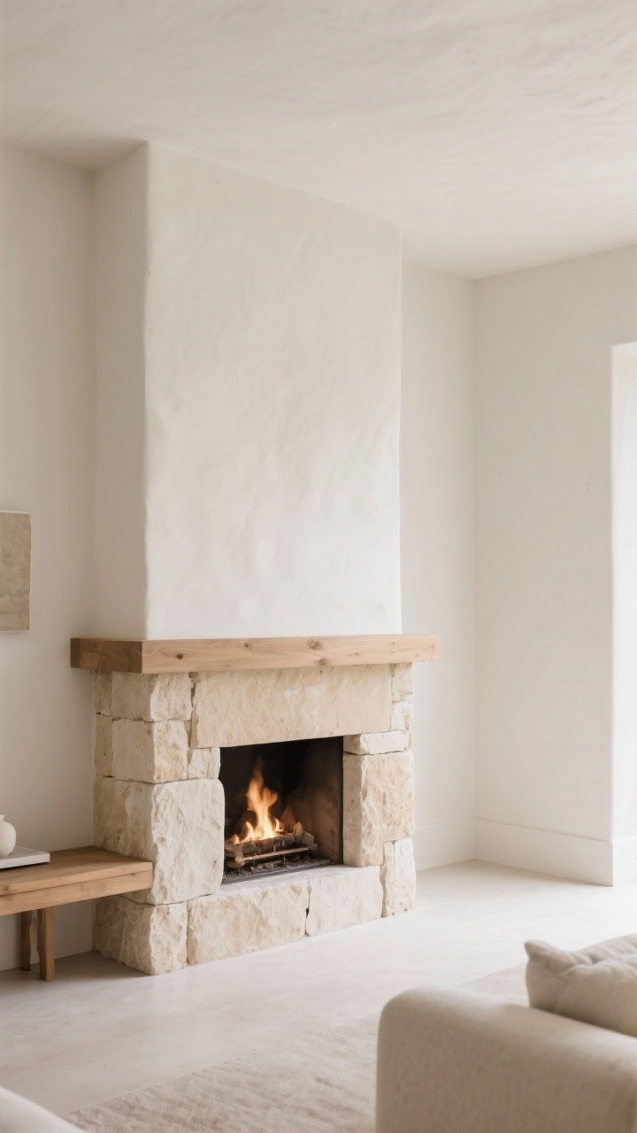 Medium shot, modern-organic living room wall featuring a creamy limestone stone surround around the firebox with smooth warm white plaster above and around it; soft-modern style with minimal decor; low-profile plastered mantel ledge; palette options expressed in scene: warm white plaster, creamy limestone, and oak accents; subtle, diffused natural light; clean lines, minimal clutter; photorealistic, slight corner angle to show the stone-plaster transition.
