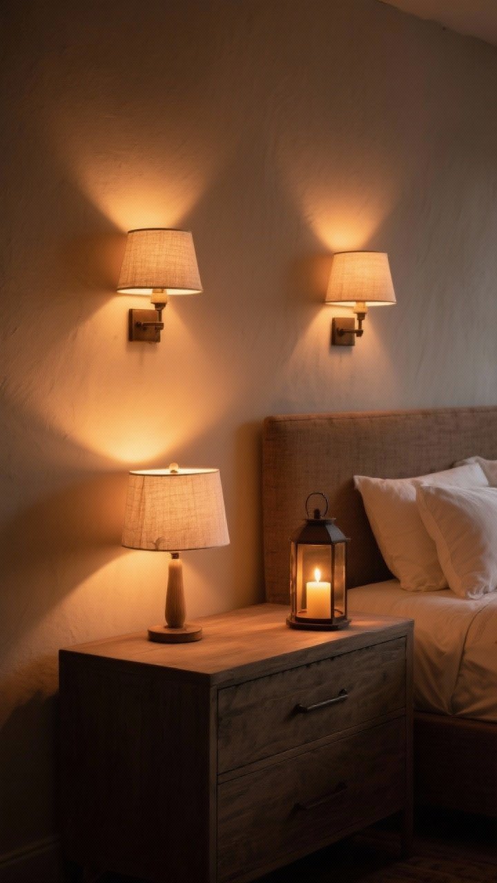 Medium shot: Mood lighting vignette—bedside wall sconces with linen shades, a table lamp with a paper shade on a dresser, and a small candle lantern casting a warm glow. Bulbs set to 2700K–3000K warmth creating sunset-like ambiance. Earthy colors and textures surround the scene; lights are the focus. Low-light, photorealistic, straight-on.