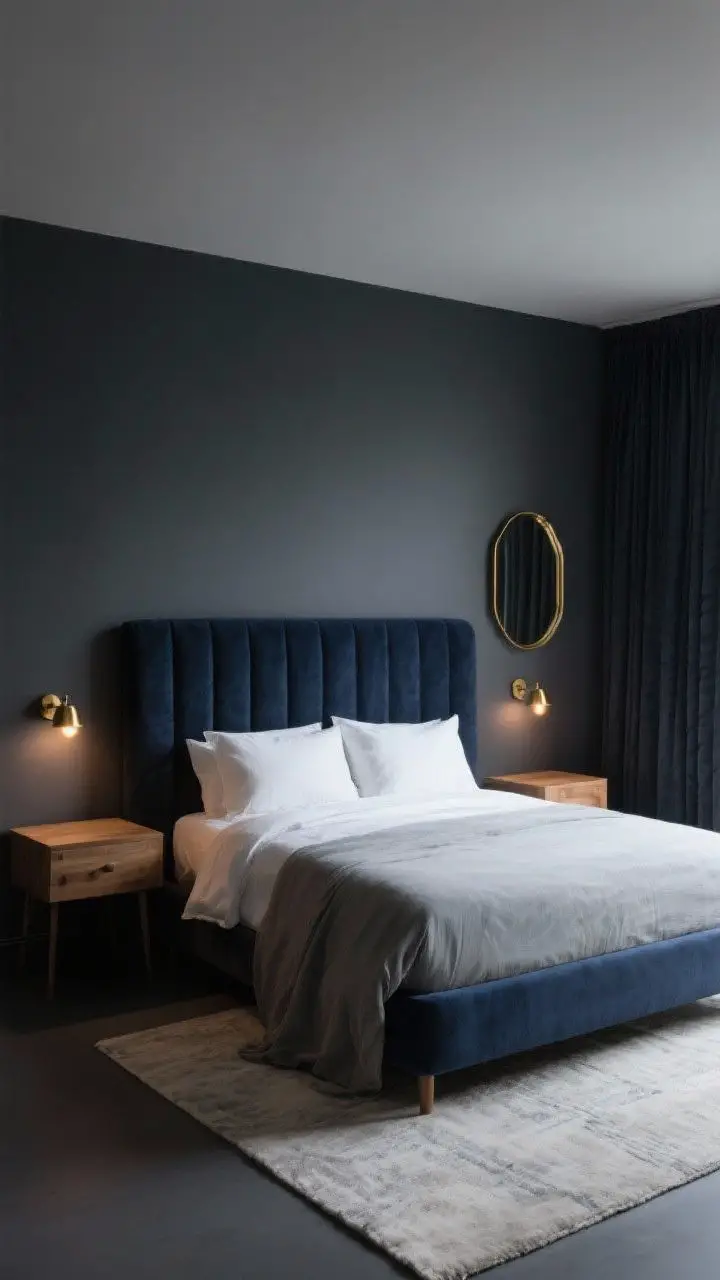 Medium shot, moody lighting: A cocoon-like bedroom pairing deep navy and charcoal gray—charcoal wall with upholstered navy headboard, charcoal blackout curtains, and clean-lined furnishings; balance with white or pale gray bedding, a pale rug under the bed, and natural wood side tables; warm lighting from brass sconces and a brass-framed mirror subtly reflecting light; dim, cozy ambiance with warm bulbs.