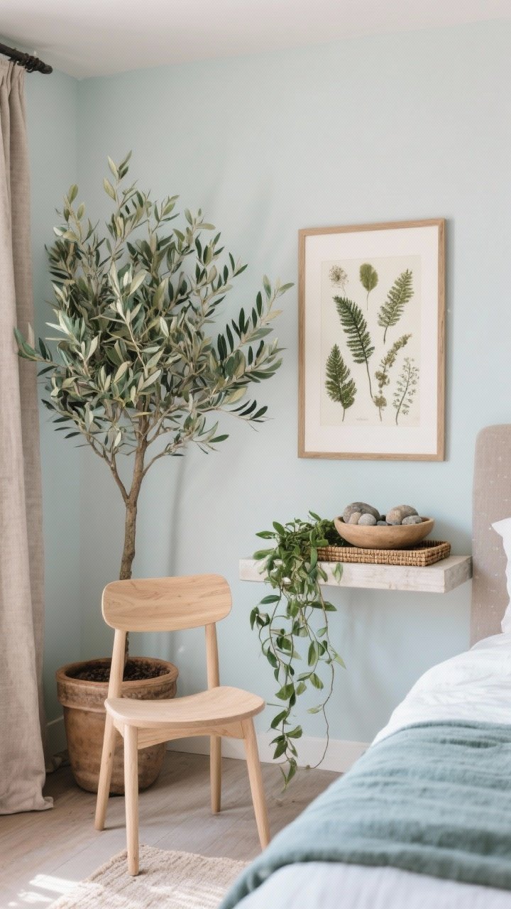 Medium shot: Nature-forward corner of a coastal bedroom—potted olive tree beside a light oak chair, trailing pothos on a floating shelf, and a bowl of smooth beach stones on a woven tray. On the wall, framed pressed seaweed or fern botanical prints. Palette of sage, eucalyptus, and muted olive blending with taupes and soft blues. Gentle daylight, grounded and calming.