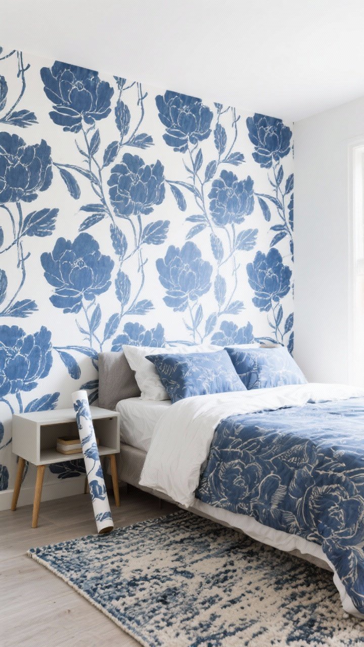 Medium shot of a bed against a bold peel-and-stick wallpaper accent wall featuring a large-scale indigo floral pattern; bedding and area rug pick up a coordinating tone from the wallpaper; include a neatly rolled extra wallpaper roll on the nightstand; bright, even daytime lighting to show the print clearly; clean, renter-friendly setup.