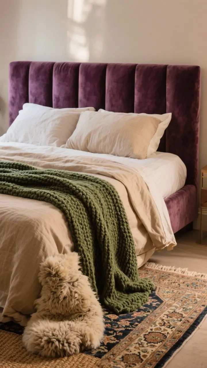 Medium shot of a bed corner layered with textures: linen bedding in warm beige base, velvet headboard in plum, chunky knit throw in forest green draped over the foot, faux fur/sheepskin accent at the bedside, and a Persian-style rug layered over a jute base underfoot; soft, diffused lighting highlighting tactile surfaces; focus on inviting, cozy layers, no people, photorealistic.
