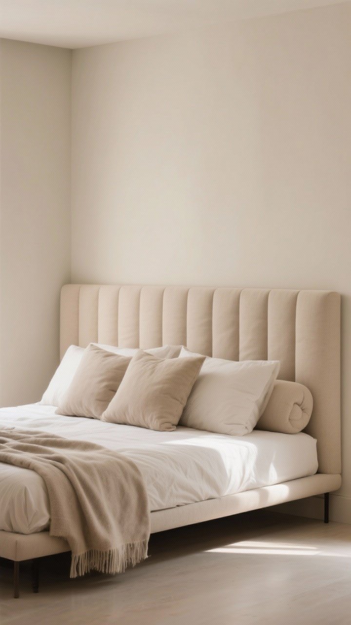 Medium shot of a bed that blends in: a daybed with bolster pillows reading like a sofa by day, bedding color-matched to soft beige walls so it visually recedes; a low-profile frame with a tall, upholstered headboard anchoring the sleep zone; neatly stacked throw and oversized pillows for a styled look; gentle morning light, calm and seamless integration.