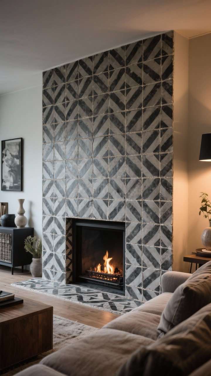 Medium shot of a bold statement fireplace surround clad in encaustic cement tiles with a monochrome geometric pattern, properly sealed surface with a matte finish, the pattern limited to the surround while the hearth remains simple to avoid visual chaos, styled in an eclectic living room with restrained decor so the graphic motif steals the show, indirect evening lighting.