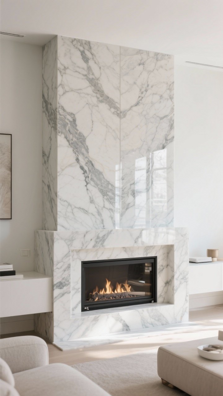 Medium shot of a bookmatched marbled porcelain fireplace surround with mirrored veining meeting perfectly at the center seam, streamlined mantel and minimal hardware to let the veining stand out, low-profile hearth for a modern silhouette, neutral furnishings, bright natural light emphasizing the polished stone-like surface.