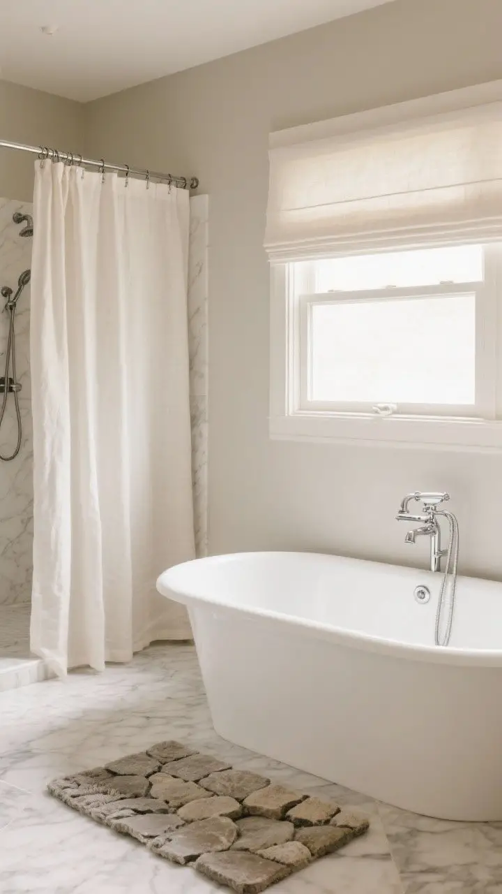 Medium shot of a calm bathroom with soft warm greige walls like steamed milk, honed marble floors, a freestanding tub, ivory Roman shades softly filtering light, polished chrome fixtures adding subtle sparkle, a linen shower curtain and a stone bathmat for layered texture; gentle, diffused daylight.