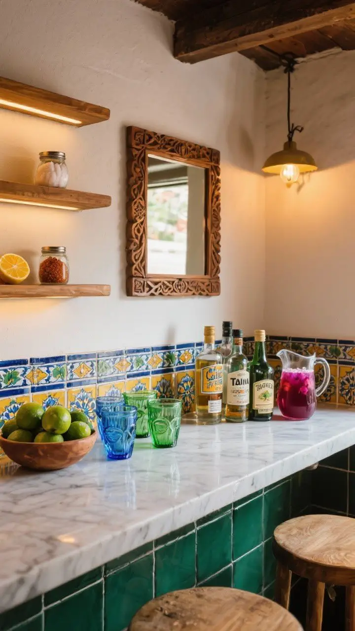 Medium shot of a cantina corner: a tile-topped bar with Talavera front, simple open shelving with salt, Tajín, and citrus on display, handblown recycled-glass tumblers in blues and greens on the counter beside a bowl of limes, and bottles of tequila, mezcal, and a chilled pitcher of hibiscus tea; a small carved-wood framed mirror mounted behind; warm task lighting under the shelf; intimate, fun mood.