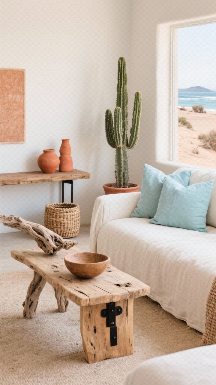 Medium shot of a coastal-meets-desert sitting area: linen sofa in creamy white with seafoam and soft blue pillows, terracotta accents, and a potted cactus nearby; textures include raw wood side table, matte black hardware on a nearby console, driftwood bowl, woven basket, and earthy ceramics; palette of sand, terracotta, creamy whites, seafoam, soft blues; relaxed California mood, photorealistic, no people.