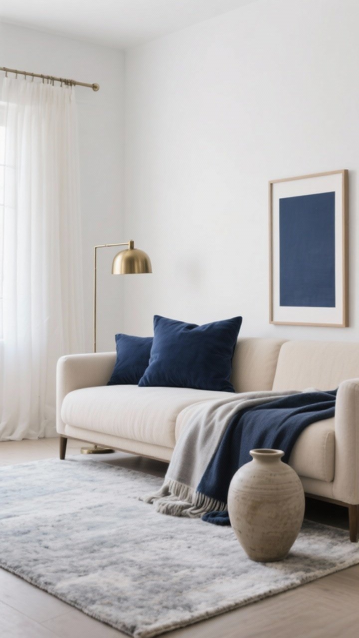 Medium shot of a cohesive studio vignette emphasizing a hero color: soft white walls and warm beige sofa, light gray rug; dominant navy repeated in pillows, a framed canvas, bedding throw, and a ceramic vase; single metallic finish in brushed brass for the lamp and curtain rod; calm, curated look under soft natural light, minimal visual chaos, photorealistic.