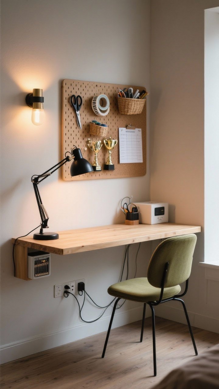 Medium shot of a compact creativity desk zone: a narrow console-style desk in light wood, with a matte black task lamp and warm ambient wall sconce; pegboard above holding scissors, washi tape, small baskets, and mini trophies; corkboard for schedules; an ergonomic, cute chair in sage upholstery; a tidy charging station with a cable management box under the desk; evening lighting balanced for task clarity and cozy vibe.