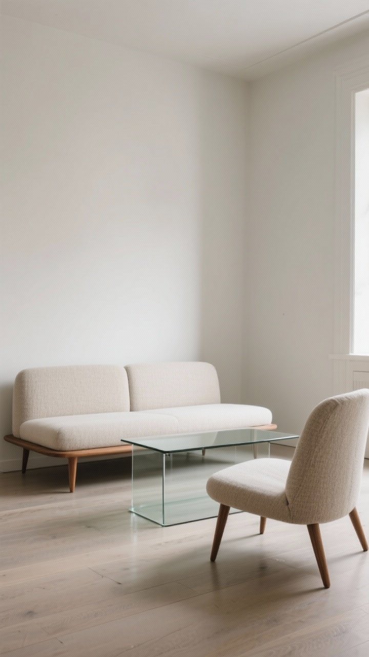 Medium shot of a compact seating area featuring a low-profile slim-arm loveseat on mid-century tapered wooden legs, paired with an armless slipper chair; a leggy glass-top coffee table reveals visible floor beneath; neutral light upholstery with subtle texture; soft daylight; focus on raised bases and open floor sightlines to create visual breathing room; simple, uncluttered styling.