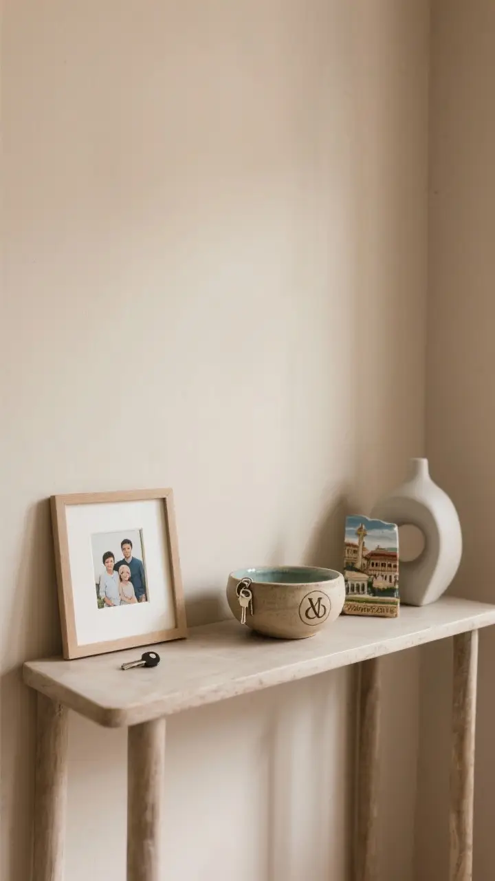 Medium shot of a console personalized without clutter: one small framed family photo, a handmade ceramic bowl used as a key dish with a subtle monogram, and a tasteful travel souvenir juxtaposed with a modern object; negative space preserved; warm neutral wall, soft daylight; refined and lived-in.
