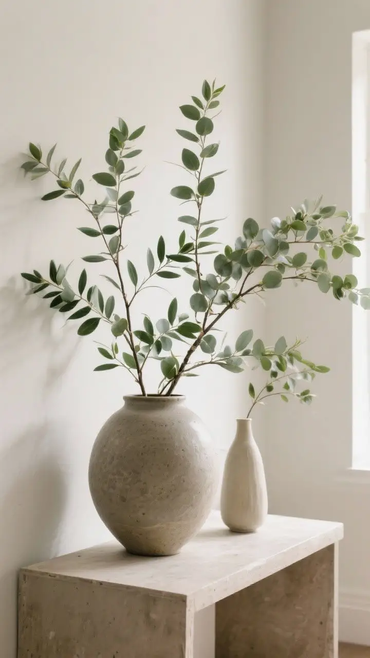Medium shot of a console with tall green branches as the hero: chunky stoneware vase with airy olive and eucalyptus stems leaning and crossing naturally; wide-mouth vase for fullness, a secondary narrow-neck vase with a minimal stem; soft daylight, lifelike foliage texture; calm neutral palette with organic movement; no people, photorealistic.