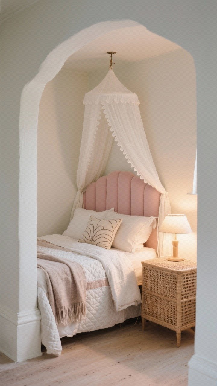 Medium shot of a cozy bed nook with fort vibes: a twin bed tucked into a painted alcove, lightweight white voile canopy draped from a ceiling hook, scalloped upholstered headboard in soft blush, layered bedding with a quilt, duvet, folded throw, and one novelty pillow; textured rattan nightstand nearby; warm, diffused bedside lighting for a calm bedtime mood