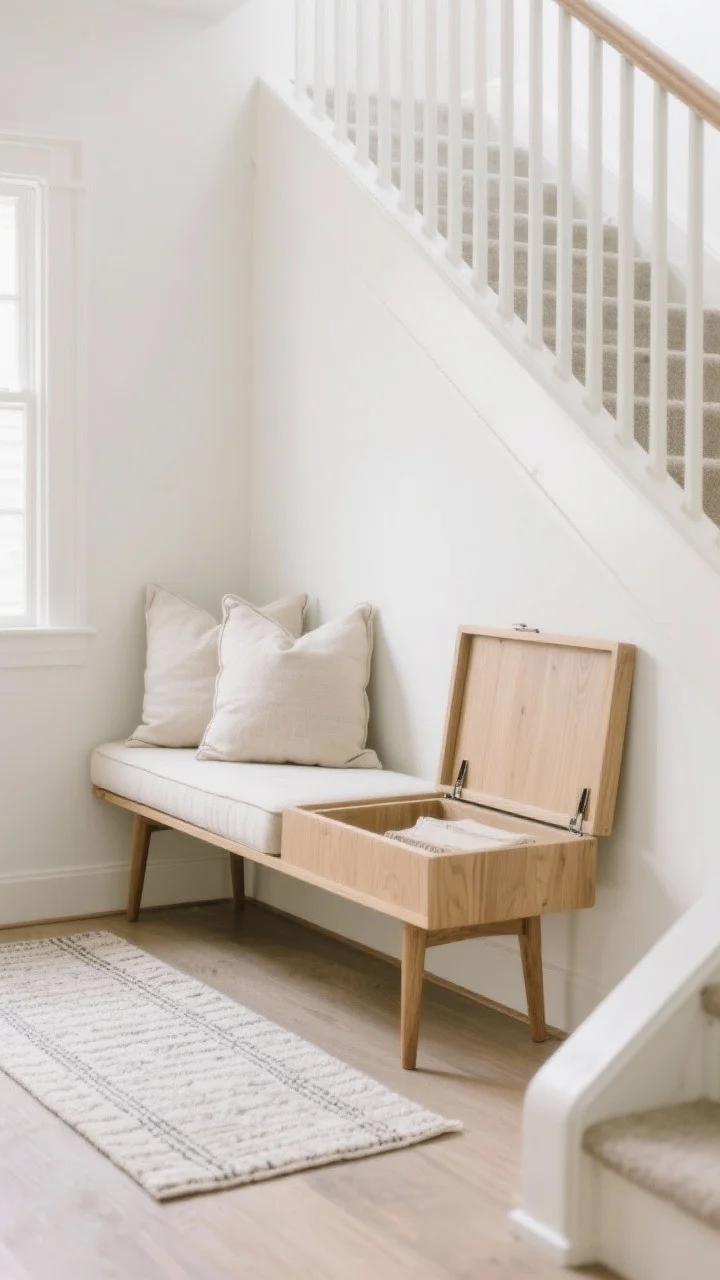 Medium shot of a cozy lounge nook on a landing: a narrow wood-leg bench with a flip-top storage seat, topped with a tailored cushion and two washable-fabric pillows in light neutral tones. A low-pile, narrow rug layered underfoot in a subtle pattern to avoid tripping. Light, airy materials and slim profile against a white wall near the stair railing, gentle natural light.