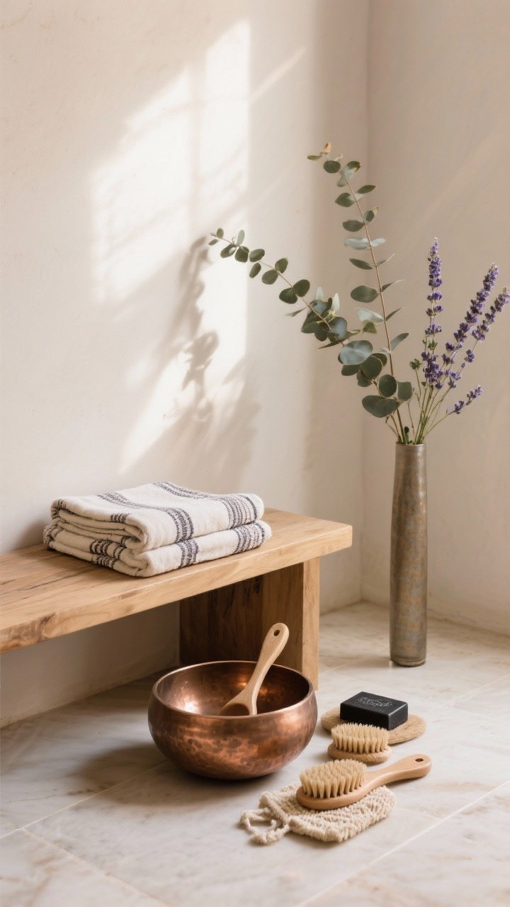 Medium shot of a dedicated hammam ritual corner: a low wood bench with a neatly folded peshtemal on top, a hammered copper bowl for rinsing or foot soaks on the floor, natural body brushes and a kese mitt arranged beside a gentle black soap; a slim vase with eucalyptus or lavender sprigs; calm spa mood with natural light.