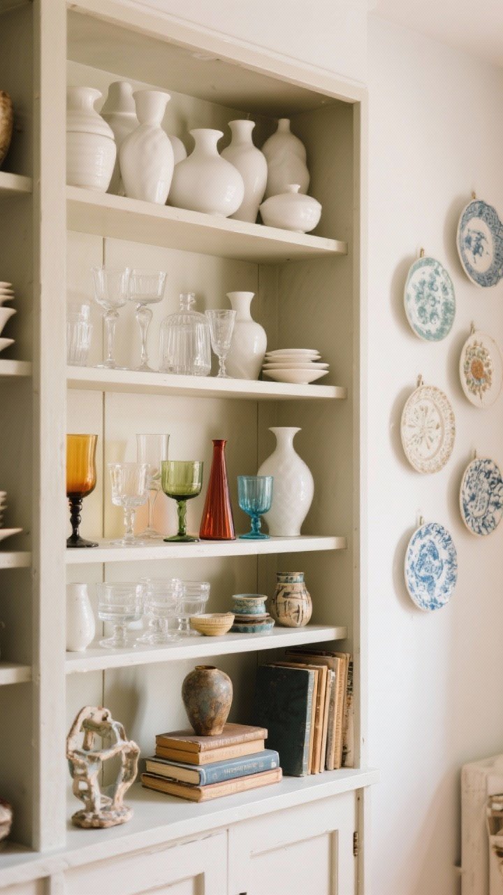 Medium shot of a display: Open hutch or wall shelves showcasing collected ceramics and glassware. Group by color/material—an all-white ceramics cluster on one shelf, clear and colored glassware on another—varying heights using small risers or stacked books. Mix flea-market pieces with sleek modern vases. Add a row of decorative plates hung neatly on the adjacent wall. Even, bright but warm lighting for clarity.