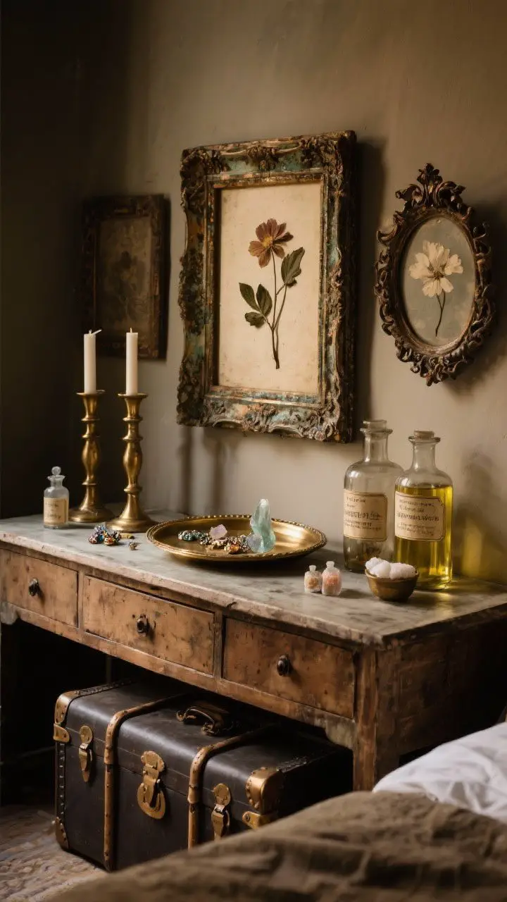 Medium shot of a dresser vignette featuring vintage, antique, and found objects: ornate frames with patina (one holding a pressed flower), brass candlesticks and a brass tray with jewelry and crystals, old apothecary bottles labeled for oils and bath salts, and a steamer trunk visible at the foot of the bed; warm, moody lighting that highlights age and texture, no people, photorealistic.