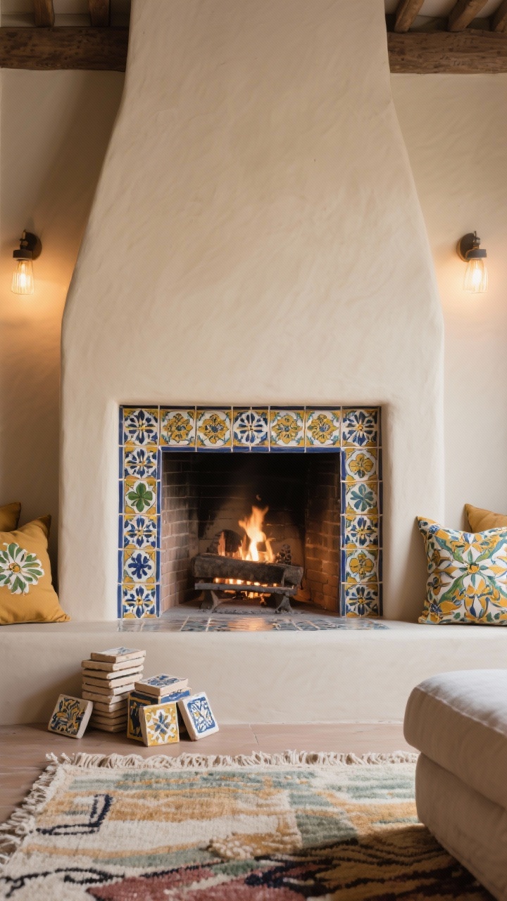 Medium shot of a fireplace featuring hand-painted artisan ceramic tiles limited to the inner surround—Spanish/Talavera-inspired motifs—with a solid, neutral outer frame, coordinated room accents repeating one tile color in pillows and a rug, a few spare extra tiles stacked on the hearth indicating handmade variation, warm ambient lighting.