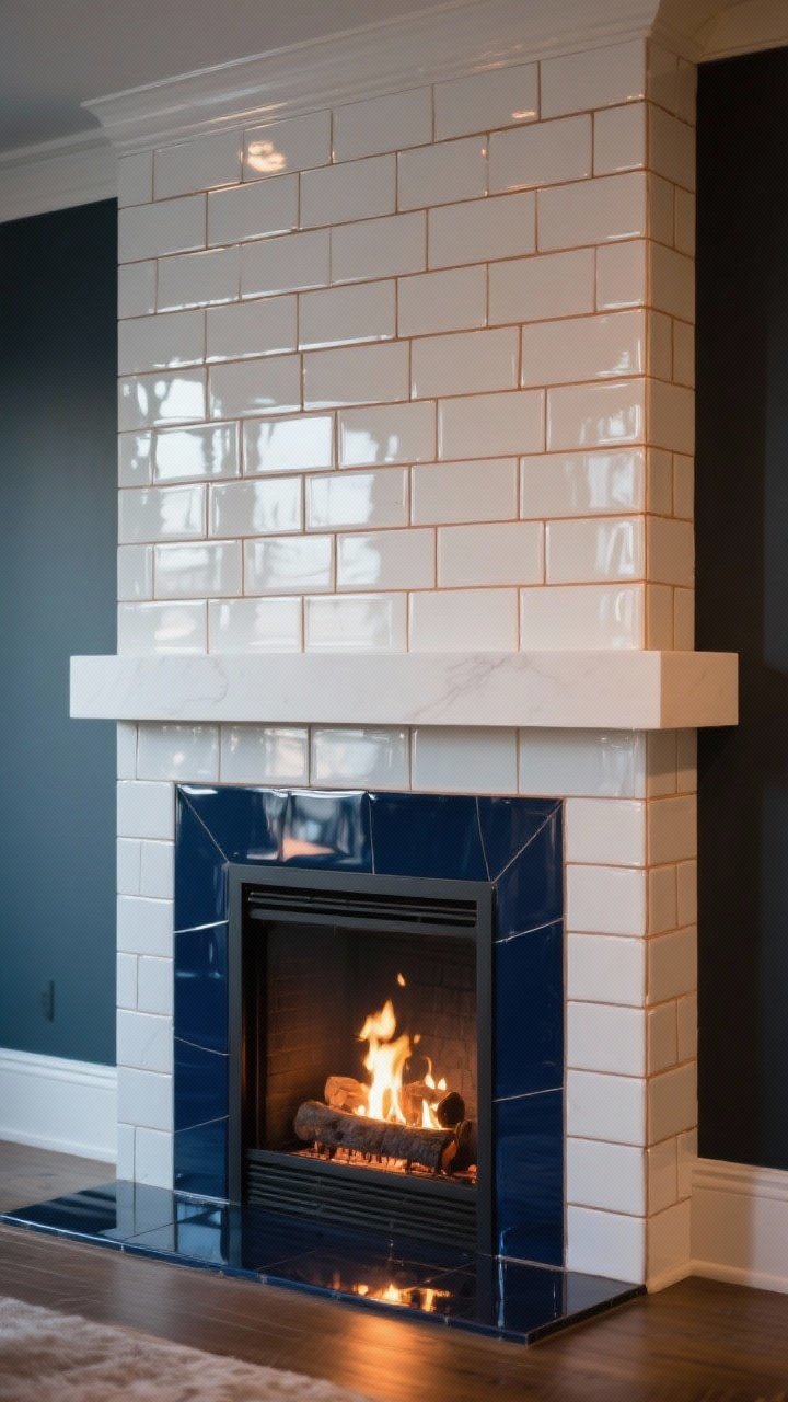 Medium shot of a fireplace surround finished in glossy subway tile with a twist: 4x12 format stacked vertically for a modern elongating effect, beveled white variant with warm-toned grout on the outer frame, and an accent inky navy section on the inner surround for moody glam, glazed finish reflecting the firelight, clean-lined mantel, evening glow.
