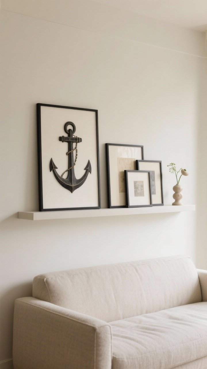 Medium shot of a floating ledge shelf 6–10 inches above the sofa back, styled with one large anchor art piece and two to three smaller frames leaning and overlapping. Add a small sculptural object and a single bud vase. Neutral frames with black/cream accents, soft matte finishes; diffused daylight; slight side angle to highlight layered art depth.